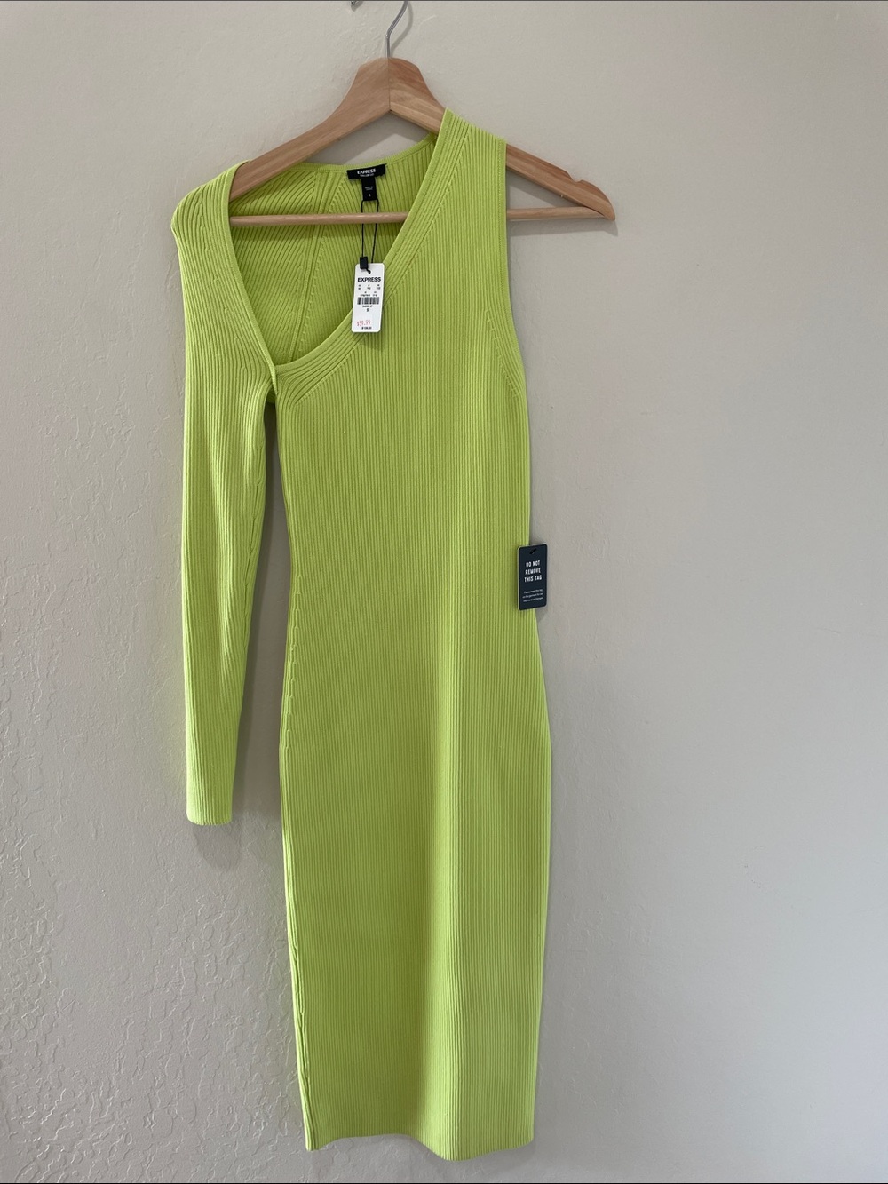 Express Asymmetrical One-Sleeve Ribbed Midi Dress in Lime Green